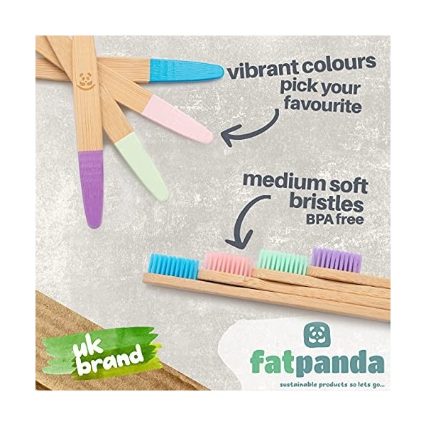 Brosses à dents en bambou | Lot de 4 | Poils moyens sans BPA | Respectueux de lenvironnement et biodégradable | Brosse à den