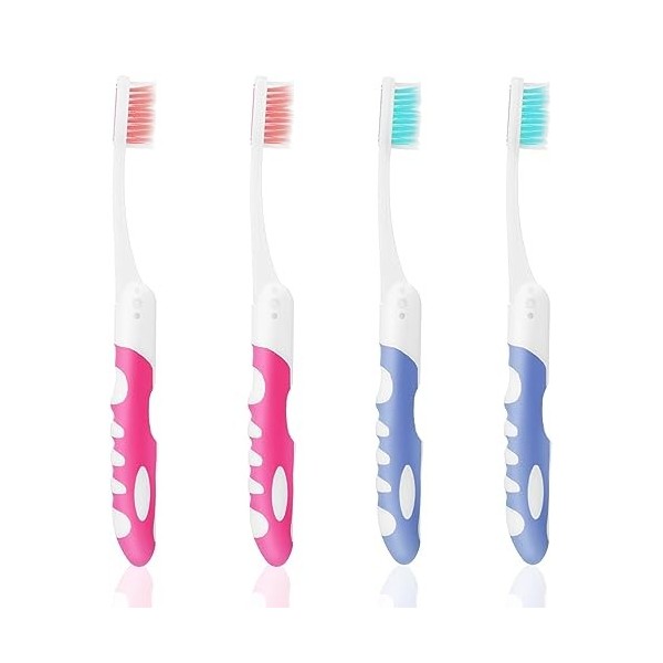 Sibba Lot De 4 Brosses À Dents Pliables Portables À Poils Souples Avec Boîte Pour Voyage Camping École Maison Rose Et Bleu 