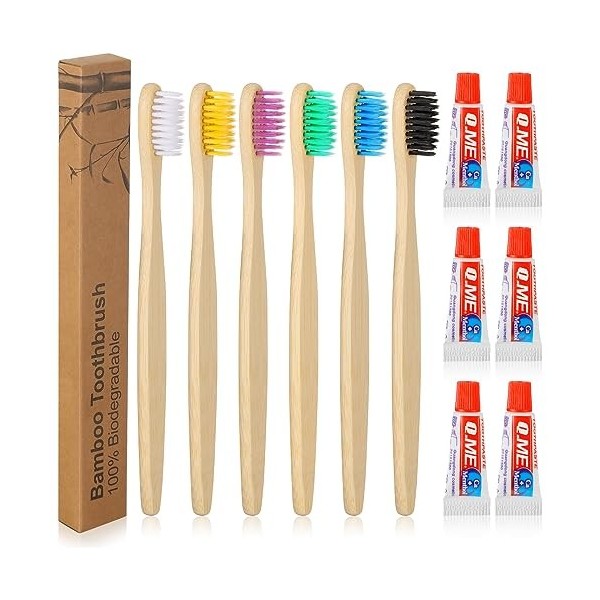 Hestya Set de 6 Pcs Brosses à Dents en Bambou Brosses à Dents Jetables Emballés Individuellement Brosses à Dents avec Mini De