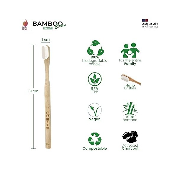 Bamboo Clean Nano Brosses à Dents en Bambou 20 000 Poils Nano Doux et Bio sans BPA Kit 4 Brosses Naturel, Écologique, Biodégr