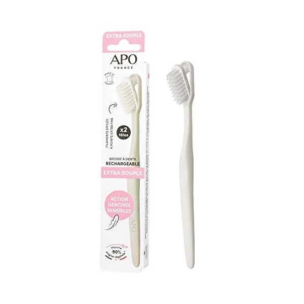 APO France - Brosse à dents – Rechargeable – Extra Souple – Adulte - 1 manche + 2 têtes couleur Nude ou Aqua aléatoire – D’