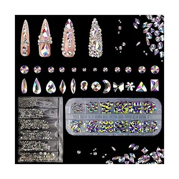 1848 Pièces Strass art dongle Cristal Strass Ongle Nail Art Mix Tailles 12 Formes Diamant Décoration Ongles Brillant Coloré 