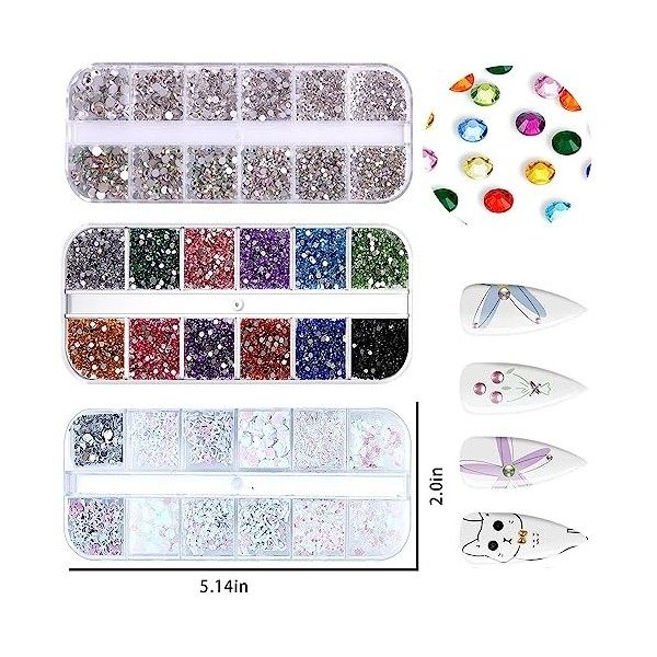 4200 Pièces Strass Ongle Nail Art, 36 Tailles Cristal AB Strass Gemmes avec Pincette Pick Up et Stylo Pointeur Strass pour On