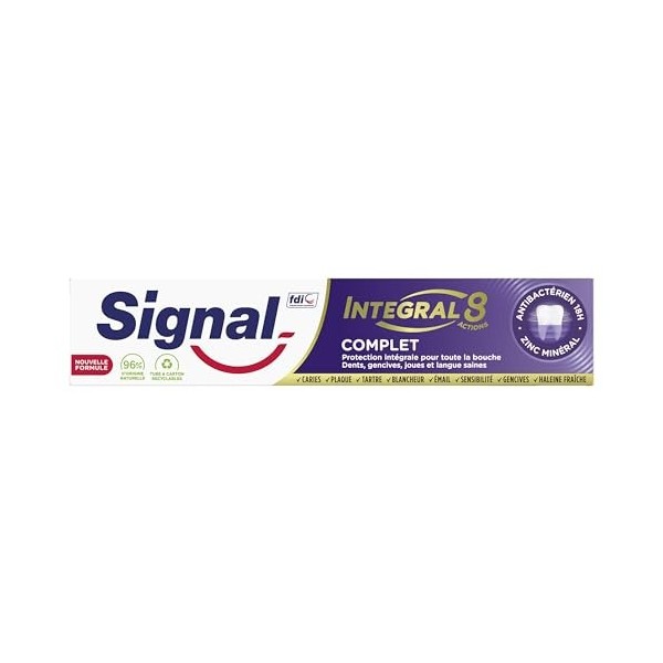 Signal Dentifrice Integral 8 Antibactérien Complet, Action anti-plaque pendant 24h Lot de 6x75ml 