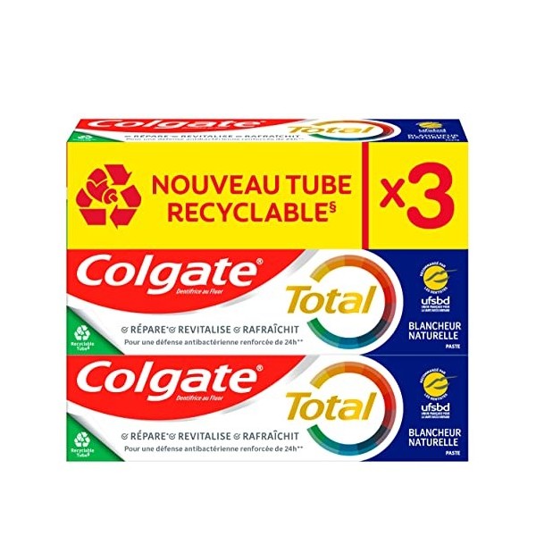 Colgate - Pâte dentifrice Colgate Total Blancheur Naturelle - Répare - Revitalise - Rafraîchit - Lot de 3X75ml