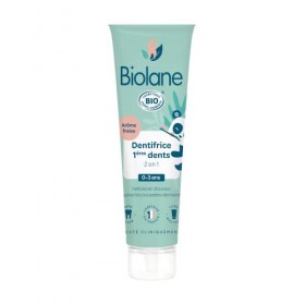 Biolane - Dentifrice Bebe 2en1 Bio - Nettoie les 1eres dents - Apaise les poussées dentaires - Sans Fluor - Arôme fraise - Fa