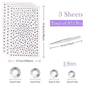Hanyousheng 975 Pièces Strass Autocollant, 3 Feuilles Strass Autocollant Visage, Crystal Diamant Decoration Avec Pincette, St