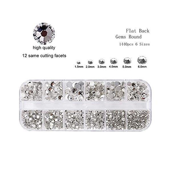 Environ 1440pcs 6 tailles Strass Ongle Nail Ar,Gems à Dos Plat Rond Cristal Strass,Diamant Décoration Ongles Brillant Coloré 