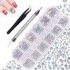 1440 Pièces Strass, 6 Tailles Cristaux AB Strass Nail Art, Cristal Strass avec Pincette Pick Up et Stylo Pointeur Strass pour