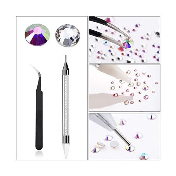 1440 Pièces Strass, 6 Tailles Cristaux AB Strass Nail Art, Cristal Strass avec Pincette Pick Up et Stylo Pointeur Strass pour