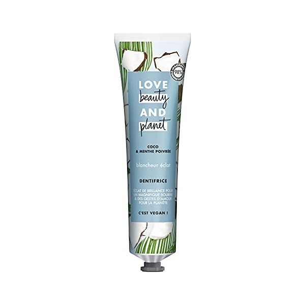 Love Beauty And Planet Dentifrice Blancheur Vegan Blancheur Eclat Menthe Poivrée et Coco Formule Biodégradable Certifié Vegan