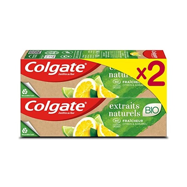 COLGATE - Dentifrice Extraits Naturels Certifié Bio - Citron & Agrumes - Fraîcheur Intense - Dentifrice Biologique - 99,7 % d