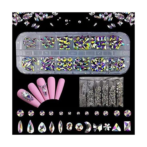 1848 Pièces Strass pour Nail Art, Cristal Strass Nail Mix Tailles gemmes dos plat diamant à ongles clair, Coloré Cristal En B