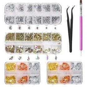 2 Boîtes Strass Ongle Nail Art, 2 Boîtes Feuille dOr Nail Art, Pince à Epiler, Stylo Dotting Ongles, Kit Strass Nail Art Dos