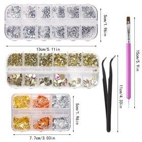 2 Boîtes Strass Ongle Nail Art, 2 Boîtes Feuille dOr Nail Art, Pince à Epiler, Stylo Dotting Ongles, Kit Strass Nail Art Dos