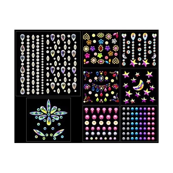 8 Feuilles Strass Visage, Strass Autocollant Visage, Strass Maquillage Paillettes Visage Oeil Corps, DIY Strass Visage Festiv