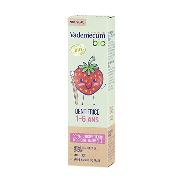 Vademecum Pâte Dentifrice Enfant Junior 1-6 ans, Arôme Naturel de Fraise, Certifié Bio, Sans Fluor, 99% dIngrédients dOrigi