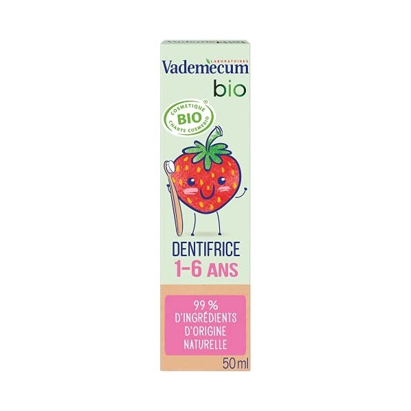 Vademecum Pâte Dentifrice Enfant Junior 1-6 ans, Arôme Naturel de Fraise, Certifié Bio, Sans Fluor, 99% dIngrédients dOrigi