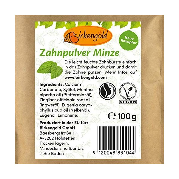 Birkengold Recharge de poudre dentaire à la menthe 100 g | Protège lémail | Ingrédients 100% naturels | Sans agents moussant