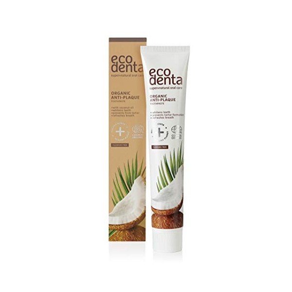 Ecodenta Dentifrice Anti-Plaque Sans Fluor Dentifrice Certifié Bio 75 ml Aux Ingrédients Naturels - Huile de Coco Jus dAloe 