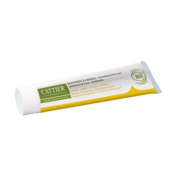 " Cattier- BIO Dentifrice reminéralisant à largile, à lhuile essentielle de citron, renforce les gencives, 75 ml "