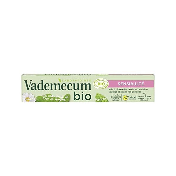 Vademecum Dentifrice Sensibilité Menthe et Huile Essentielle de Clou de Girofle, Certifié Bio, 99% dIngrédients dOrigine Na