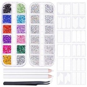 MELLIEX 3550 Pièces Strass Ongle 2 boîtes Nail Art Gemmes dos Plat,12 Feuilles Autocollants à Ongles Française, diamants rond
