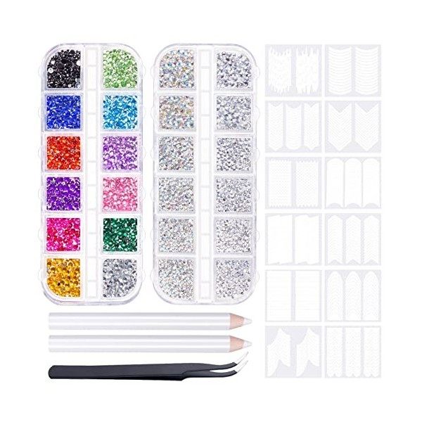 MELLIEX 3550 Pièces Strass Ongle 2 boîtes Nail Art Gemmes dos Plat,12 Feuilles Autocollants à Ongles Française, diamants rond