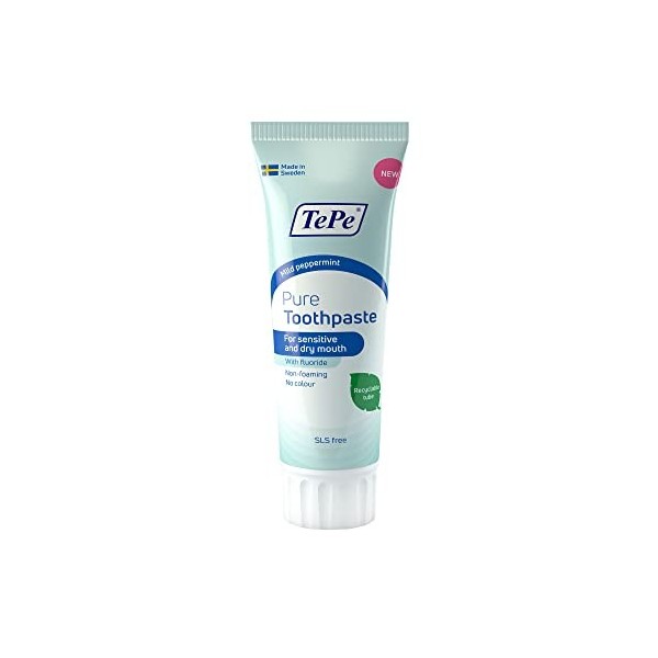 TePe Pure, dentifrice, menthe douce, dentifrice quotidien au fluor très doux pour les gencives sensibles et la bouche sèche, 