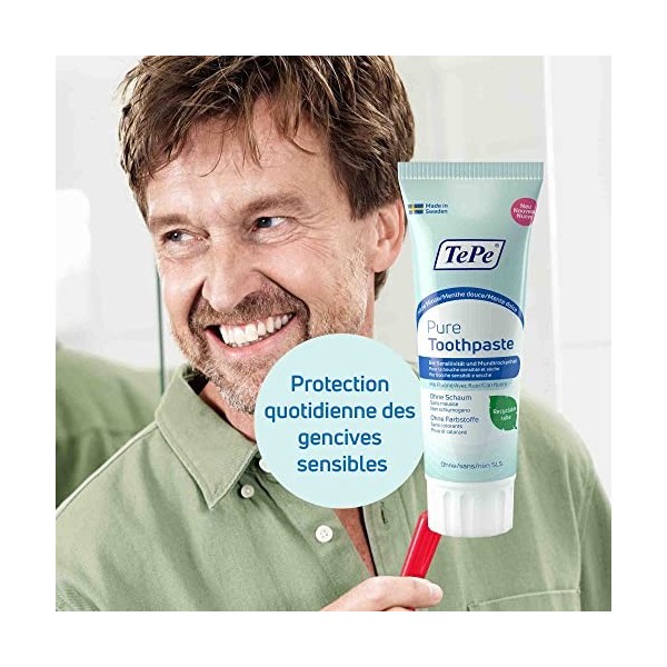 TePe Pure, dentifrice, menthe douce, dentifrice quotidien au fluor très doux pour les gencives sensibles et la bouche sèche, 