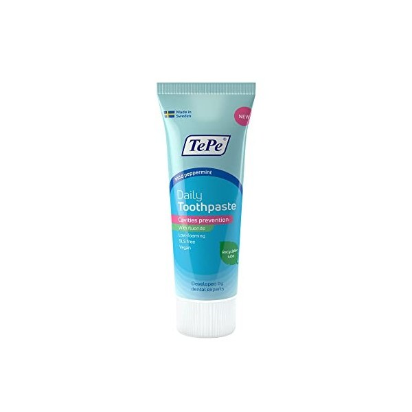 TePe Daily, dentifrice quotidien, saveur menthe douce, dentifrice quotidien doux pour prévenir les caries avec un niveau de f