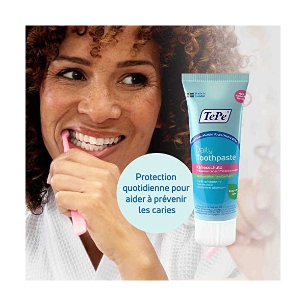 TePe Daily, dentifrice quotidien, saveur menthe douce, dentifrice quotidien doux pour prévenir les caries avec un niveau de f