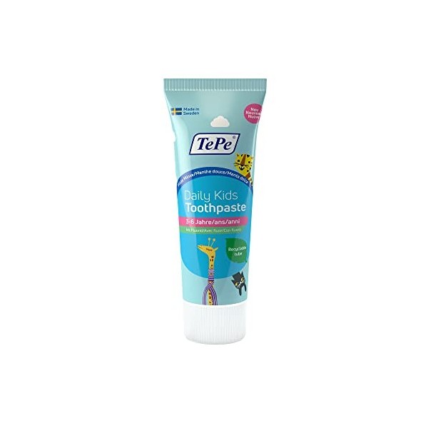 TePe Daily Kids, dentifrice quotidien pour enfants, menthe douce, 3-6 ans, dentifrice au fluor quotidien pour enfants pour pr