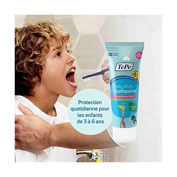 TePe Daily Kids, dentifrice quotidien pour enfants, menthe douce, 3-6 ans, dentifrice au fluor quotidien pour enfants pour pr