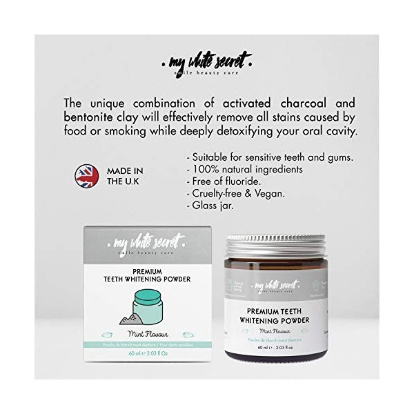 My White Secret Polvo Blanqueador - polvo blanqueador de carbón activado - 60ml - fórmula vegana 100% natural