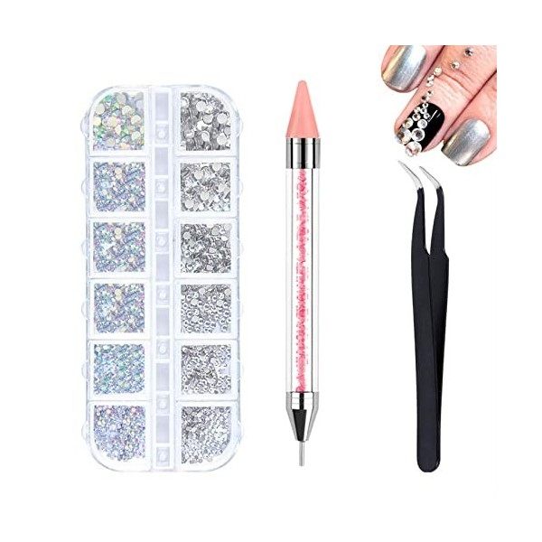 1440 Pièces Gems à Dos Plat Rond Cristal Strass, 6 Tailles Strass Nail Art, avec Pincette Pick Up et Stylo Pointeur Strass po