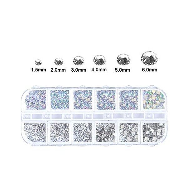 1440 Pièces Gems à Dos Plat Rond Cristal Strass, 6 Tailles Strass Nail Art, avec Pincette Pick Up et Stylo Pointeur Strass po