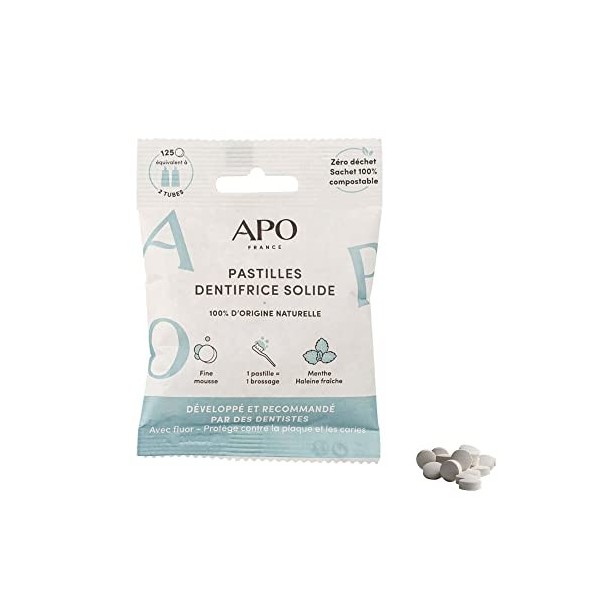 APO France - Pastilles Dentifrice Solide - 100% BIO et Naturel - Sans Gluten & Vegan - Blanc - Menthe - Avec Fluor - 125 Past