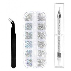 Sularpek 1500 Pièces Strass Ongle Nail Art, 6 Tailles Cristal AB Strass Gemmes, Diamants à Dos Plat, Avec Pince à Epiler et S