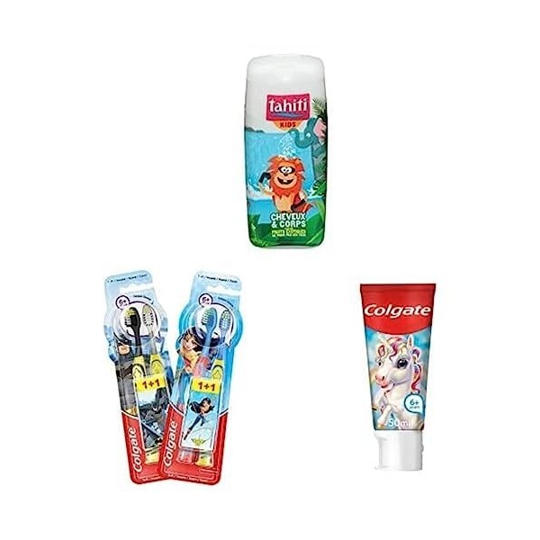 COLGATE- Lot Gel Douche Tahiti Enfant - Pique Pas les Yeux Brosse à Dents Enfants 6+ - 2 - Modèles et coloris aléatoires - De