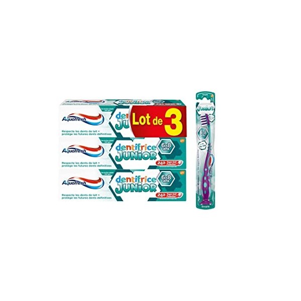 Aquafresh Dentifrice + Brosse à Dents Junior, Pour Des Enfants à Partir de 6 Ans, Protection Des Dents en Croissance, Doux Su