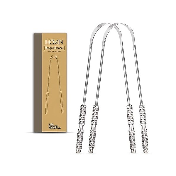 HOKIN Gratte langue pour adultes Gratte-langue acier inoxydable mauvaise haleine traitement 100% Métal Tongue Scraper Cleaner