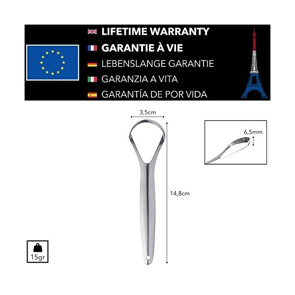 Gratte Langue - GARANTIE A VIE - Marque Française - Ultra Résistant - Acier Inox Médicale