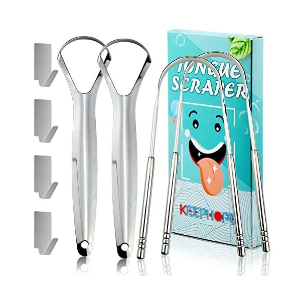 Gratte langue avec mini crochet Lot de 4 - Grattoirs langue pour adultes et enfants - Brosse a langue en acier inoxydable -