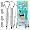 Gratte langue avec mini crochet Lot de 4 - Grattoirs langue pour adultes et enfants - Brosse a langue en acier inoxydable -