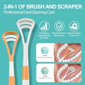Gratte-langue 2 en 1 en plastique - Brossage et grattage - Avec étui de voyage pratique pour adultes et enfants - Sans BPA - 