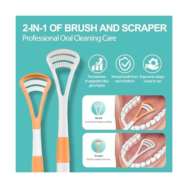 Gratte-langue 2 en 1 en plastique - Brossage et grattage - Avec étui de voyage pratique pour adultes et enfants - Sans BPA - 
