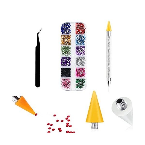 REQAG 1500 Pièces Strass Ongle Nail Art Cristal Strass Gemmes Diamants en Cristal à Dos Plat Avec Pince à Epiler et Stylo à P