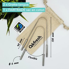 Qikfresh - 2 gratte-langue 100% acier inoxydable, sachet en coton équitable | Gratte-langue durable, design stable, emballage