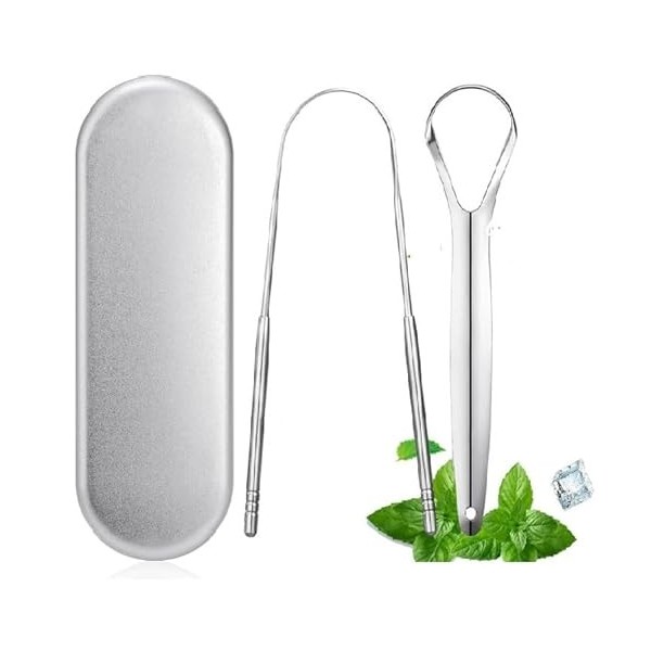 2 nettoyants langue en acier inox+1 étui pour arrêt de stockage.Élimine la mauvaise haleine.Propriétés antibactériennes.Recom